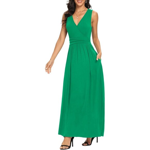 Women Bright Green Deep V Neck Sleeveless Loose Plain Long Maxi Stretchy Dress - Picture 4 of 6